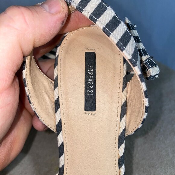 Forever 21 Striped Cork Wedge Heels | Nautical Black White Ankle Strap Sandals 8 - Picture 9 of 10